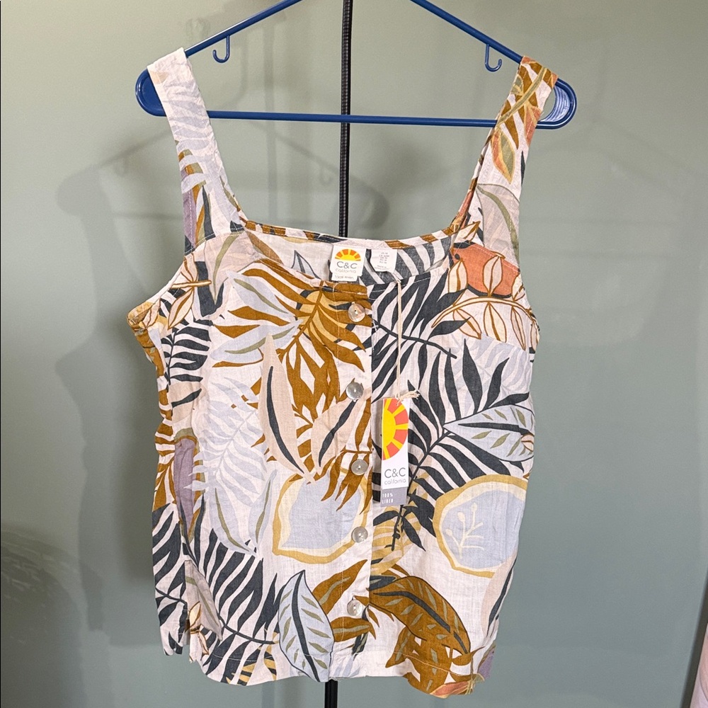 C&C California White Tank Top with Olive, Mustard & Gray Leaf Print